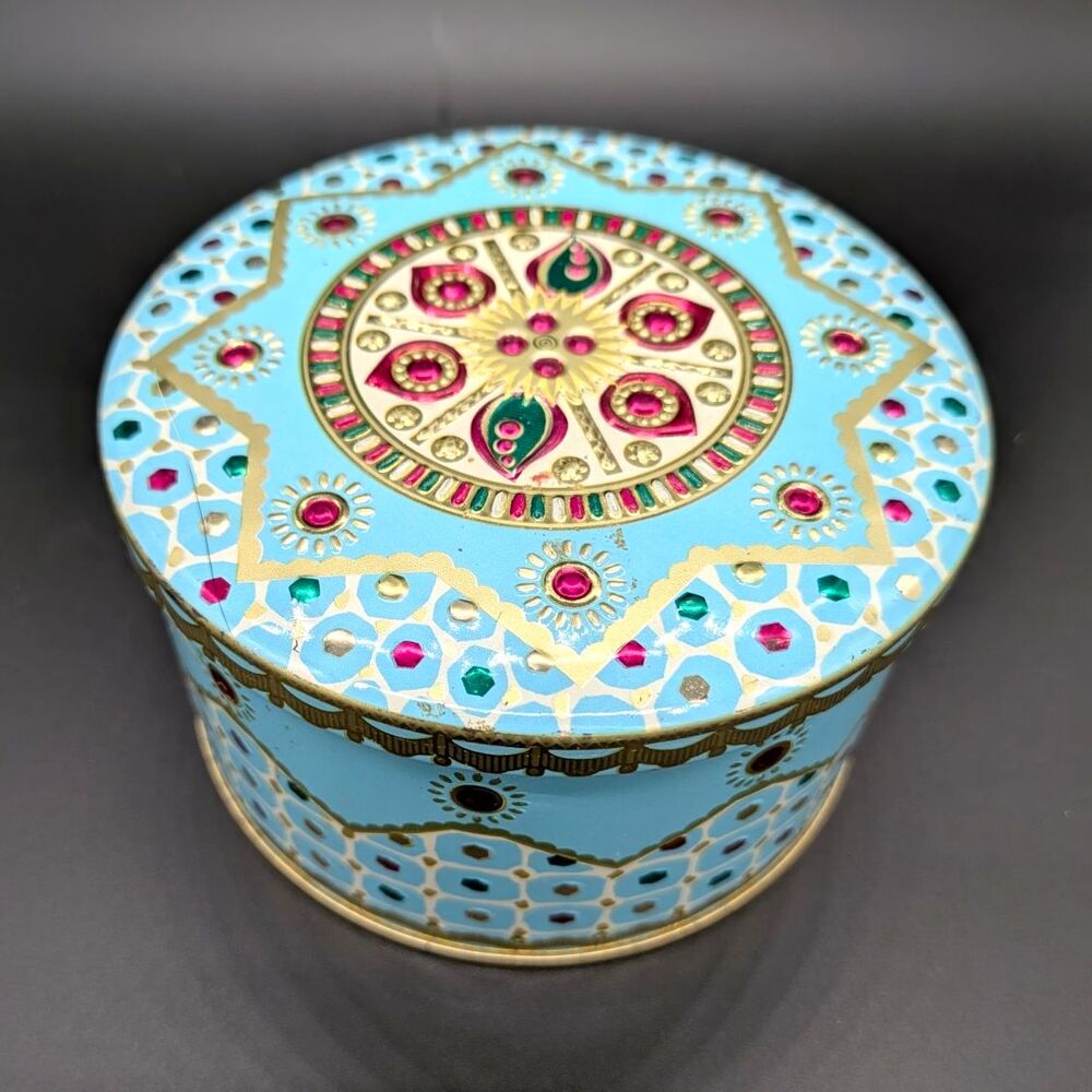 Round Small Painted Metal Tin w/ Lid, Blue Gold Geometric Pattern, 2in H